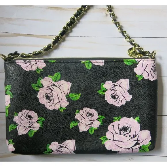 BETSEY JOHNSON Mini Cross Body Purse Wallet Bag Black/Roses Chain Strap - Picture 5 of 12